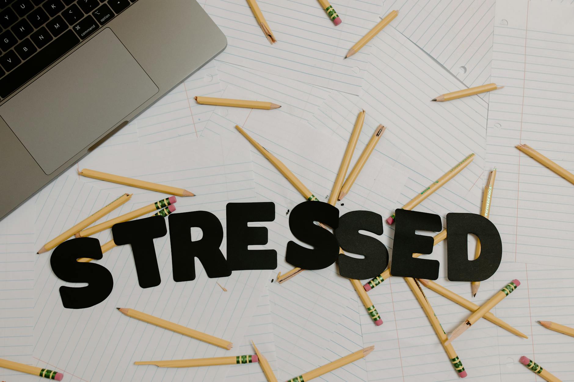 word stressed and pencils near laptop
