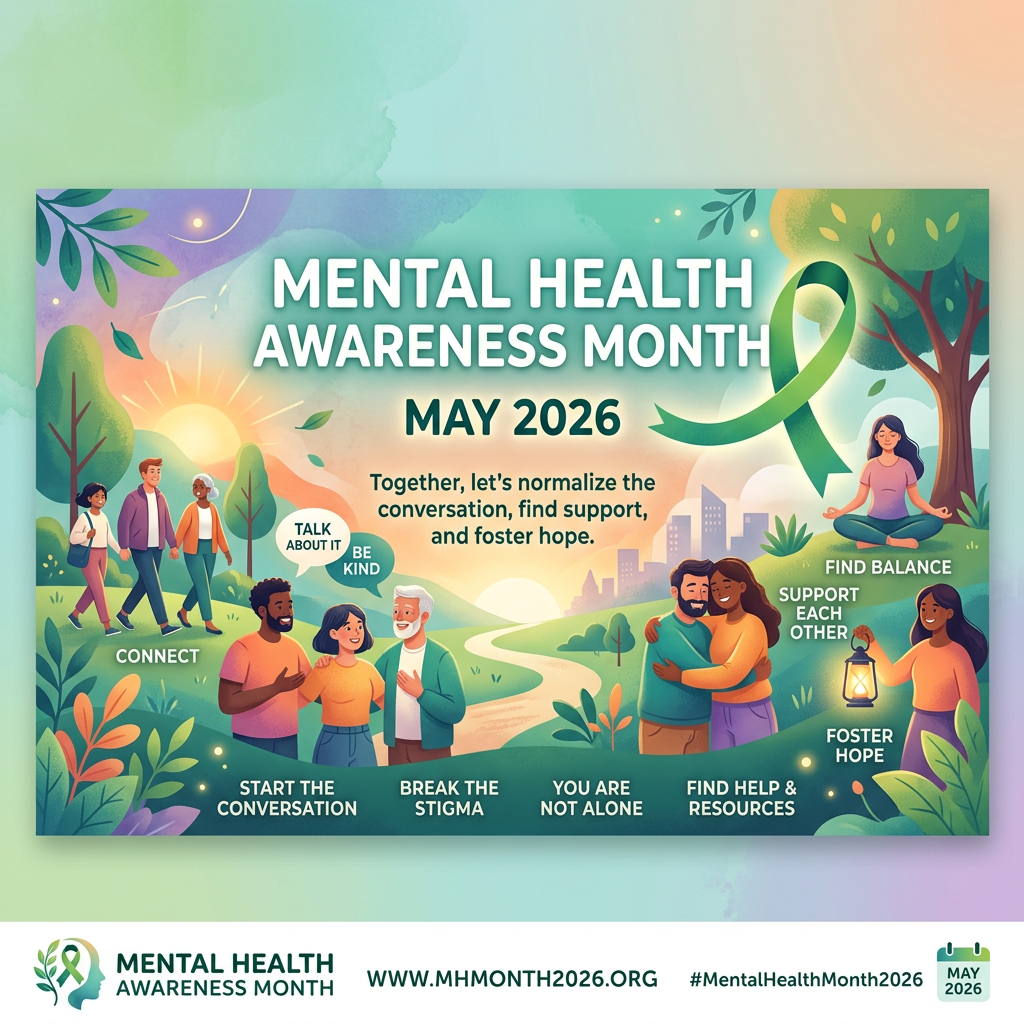 Mental Health Awareness Month May 2026 poster showing diverse people connecting and supporting each other with a green awareness ribbon.