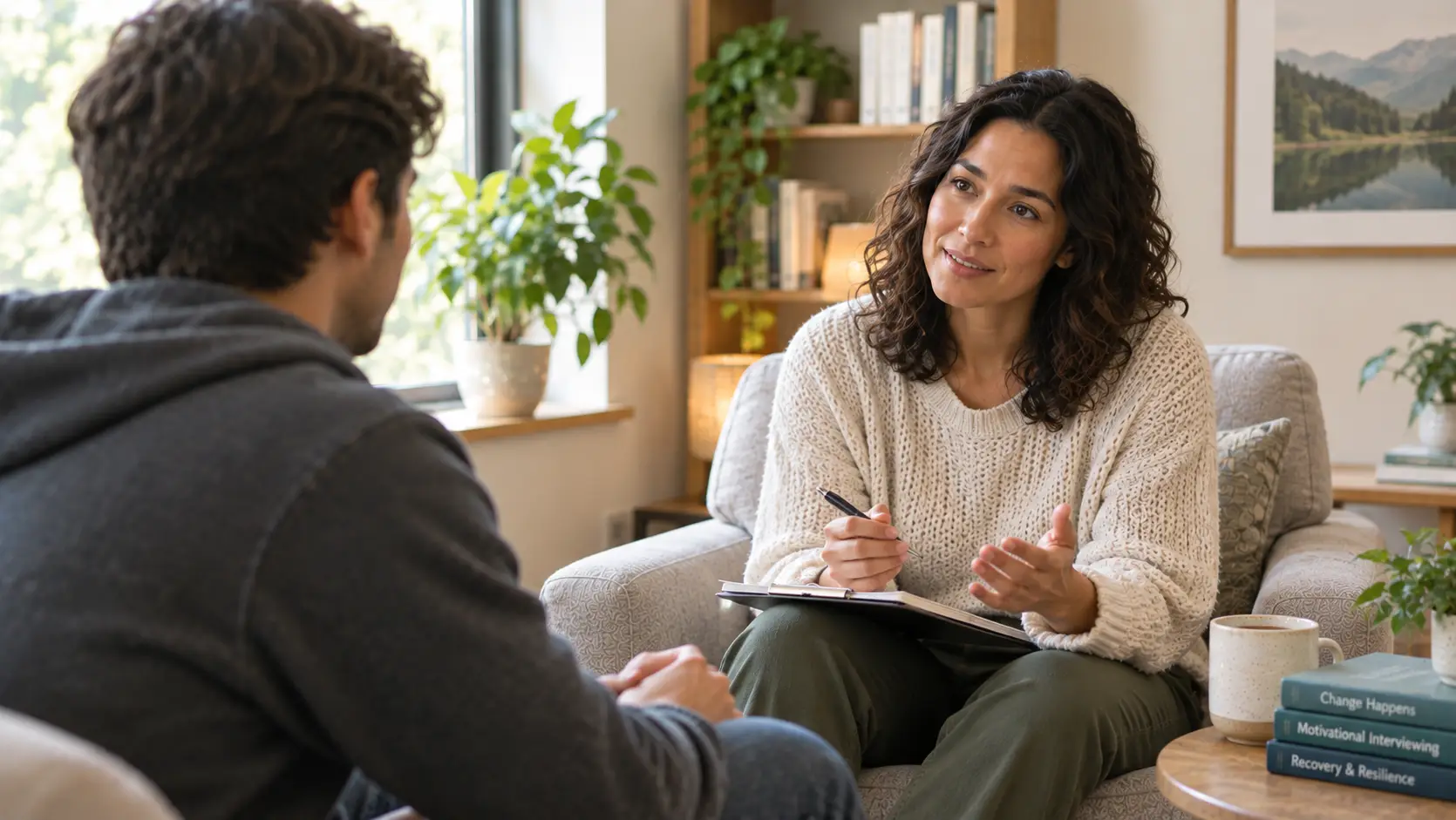 a female therapist interviewing a man