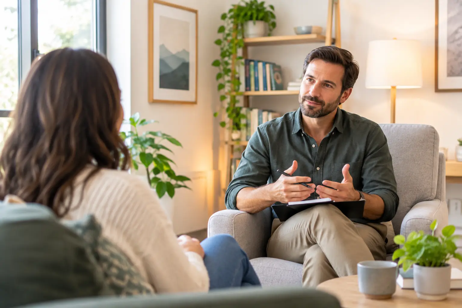 Male therapist talking to a female patient