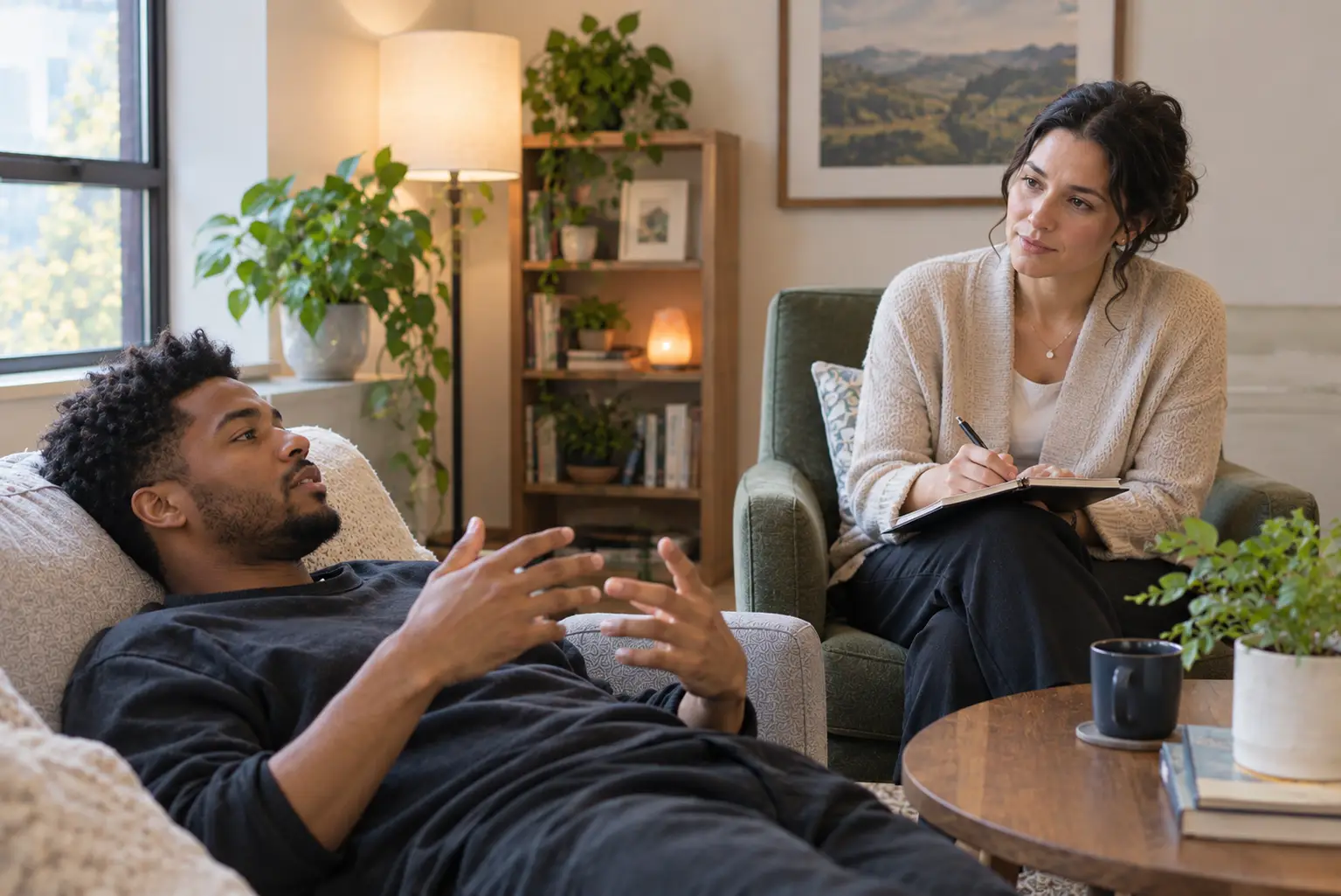 female therapist talking to an african american patient