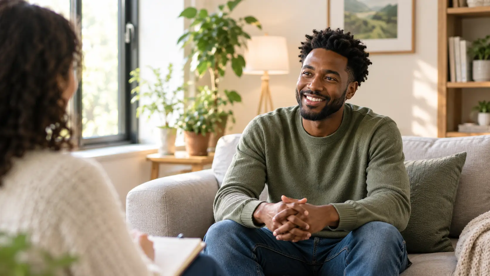 A man sitting on a therapists couch