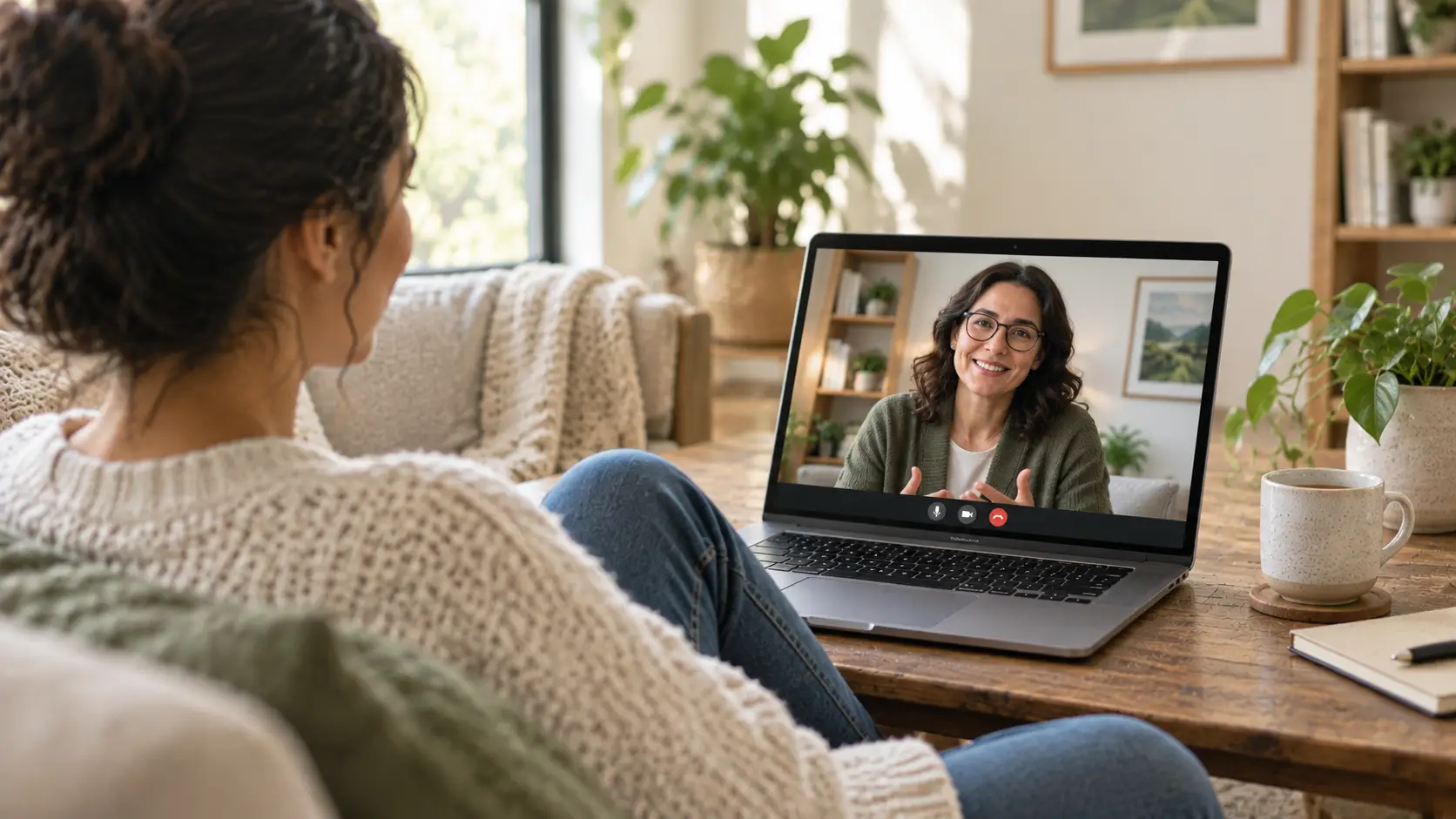 woman doing a video call with her therapist